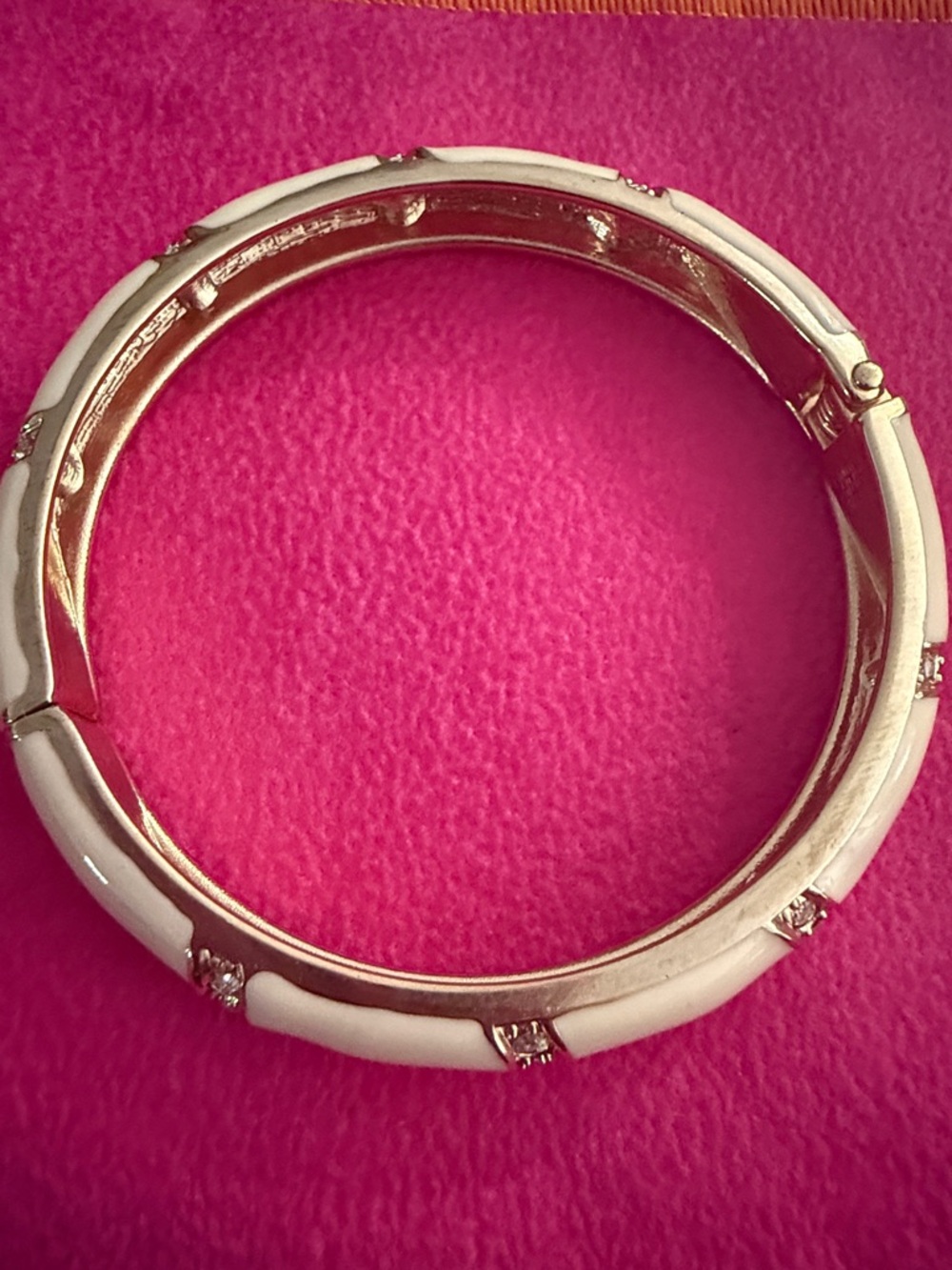 Gold-Tone Ivory Enamel Hinged Bangle Bracelet with Crystal Accents